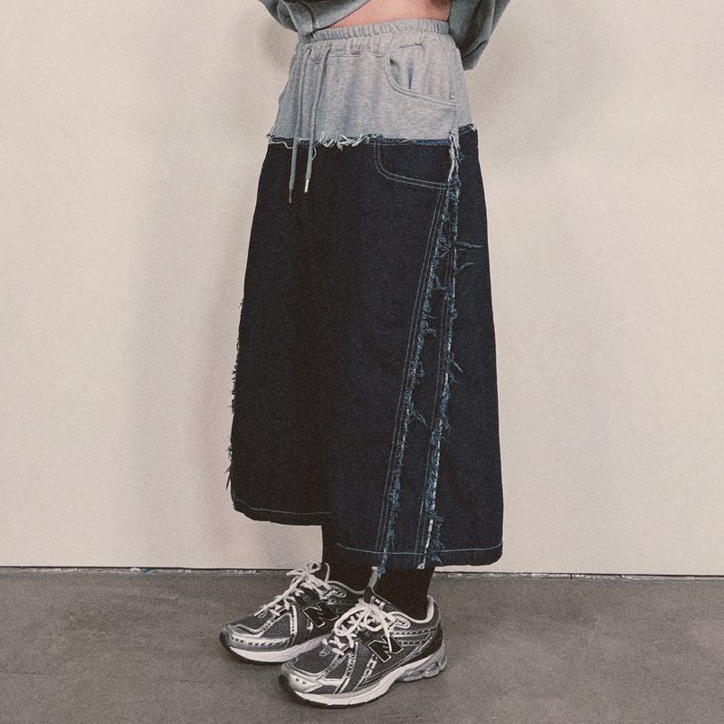 layered deconstructed denim capri shorts_blue