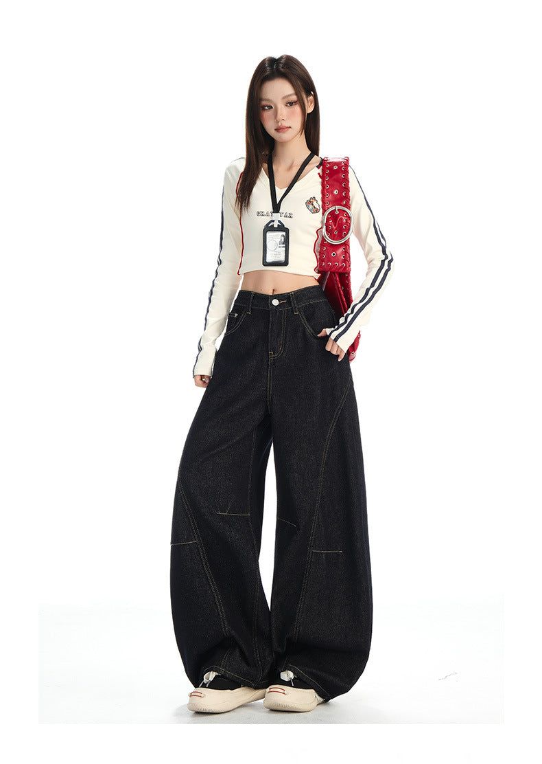 Navy-cut High-waist Mixed Denim Pants