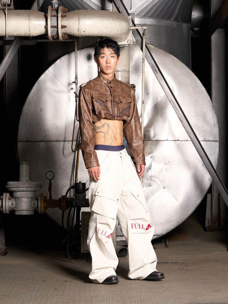 Leather Crop Cargo Jacket (Brown)