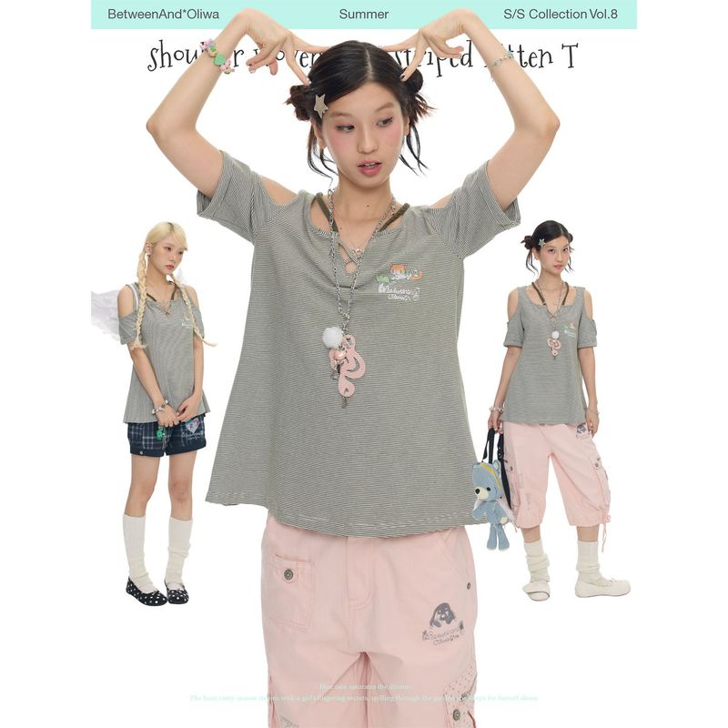 BETWEENANDxOliwa Summer retro green striped knit rope patterned cat T-shirt, short-sleeved shirt that helps conceal body contours