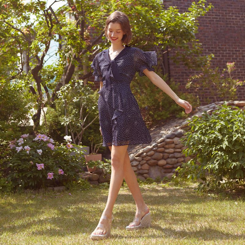 Frill Ribbon Mini Dress (NAVY)