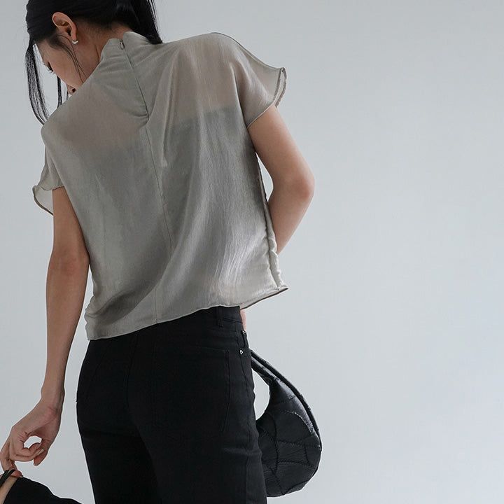 [Setinone] Half Neck Satin Short-Sleeved Blouse - 4 colors