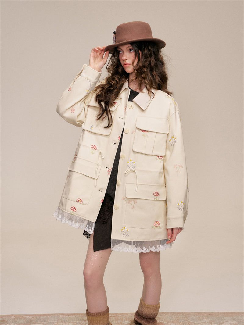 Floral Embroidery Cotton Cargo Jacket