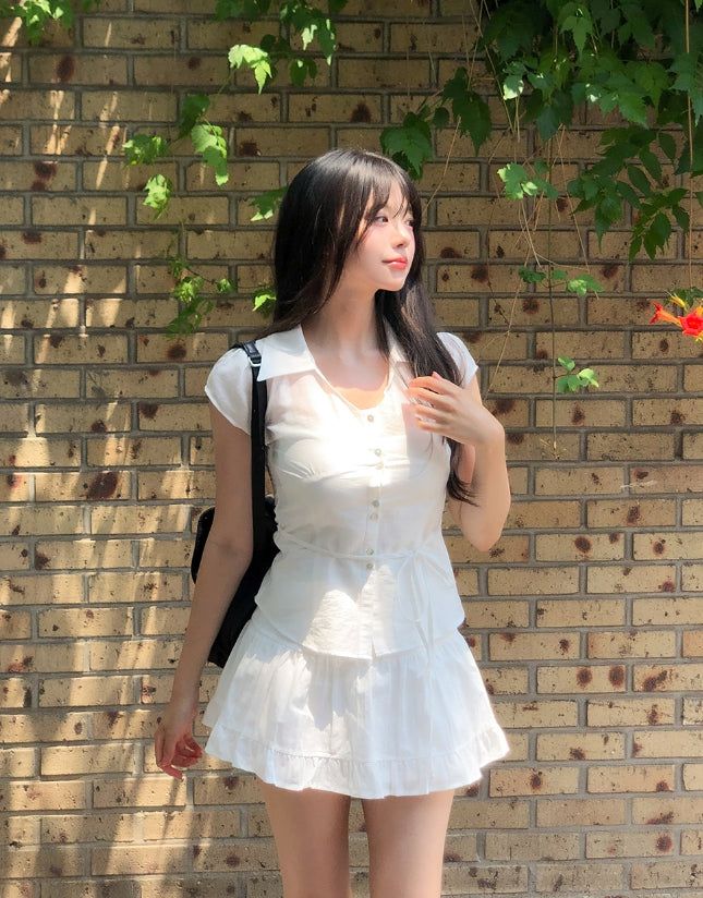 ULAN(ユレン)の「Rib Unbalanced Button Sheer Blouse(Tops)」