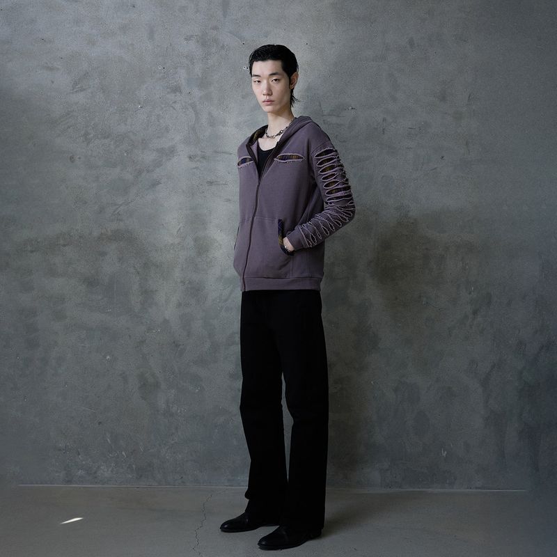 SLASHED CHECK HOODIE: PURPLE