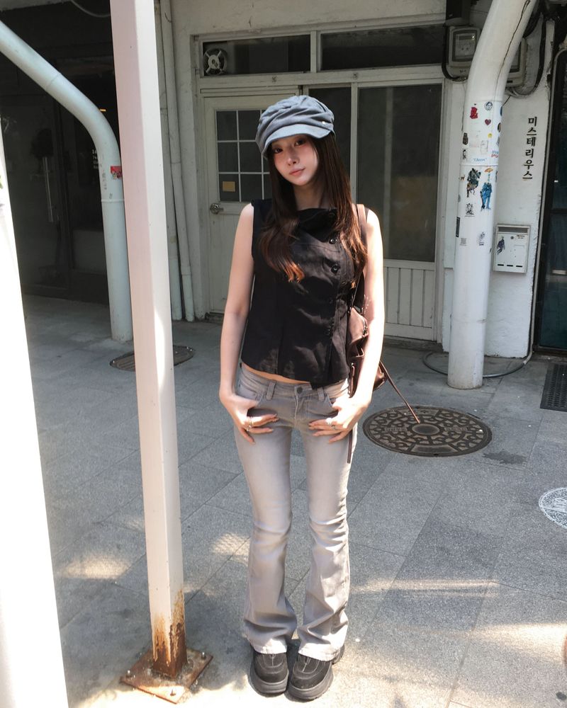 Grey lowrise boots cut pants