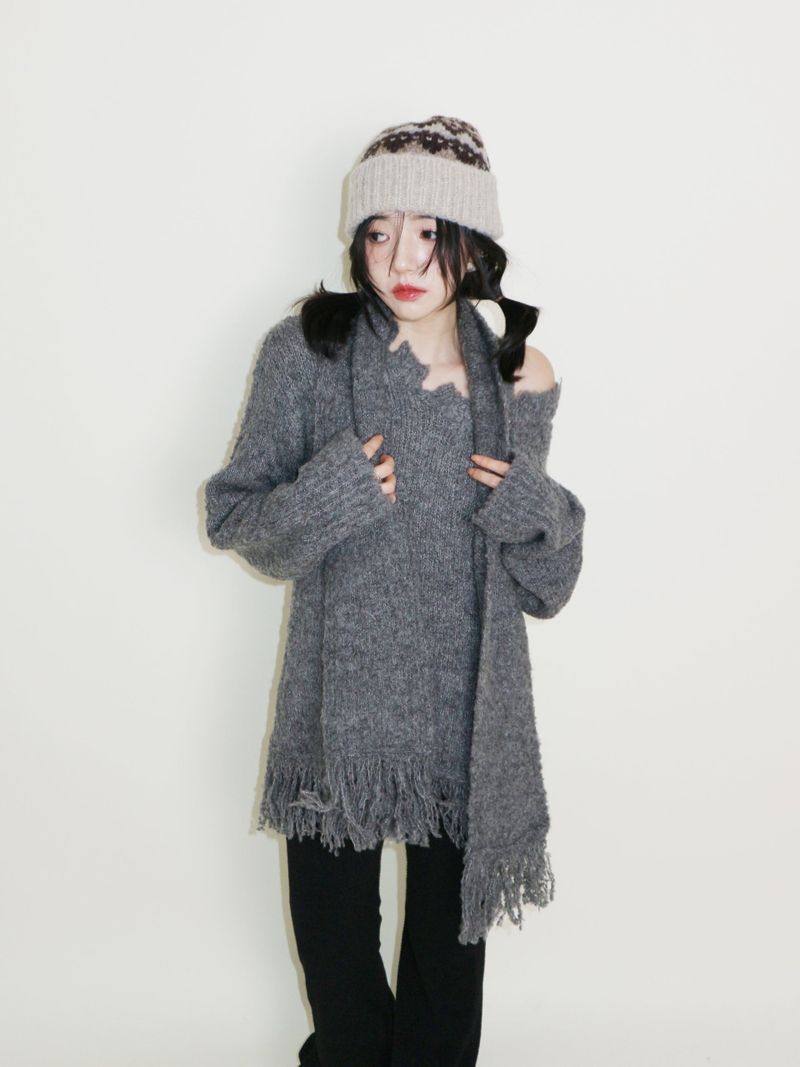 Puddle Demoor Tester Damage Long-Sleeved Knitwear Dress (Muffler Set)