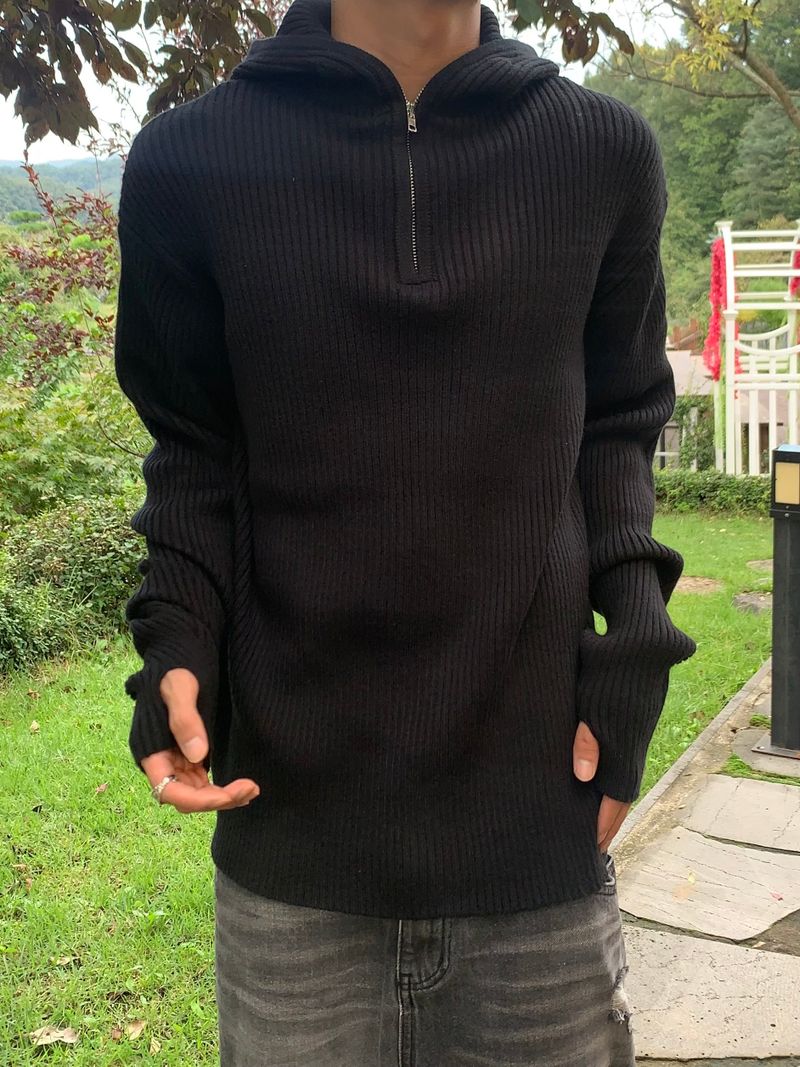 Rib Hood Half Zip-Up Knit