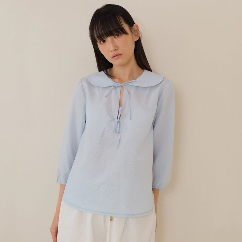 Sky Blue Seersucker Ribbon Blouse
