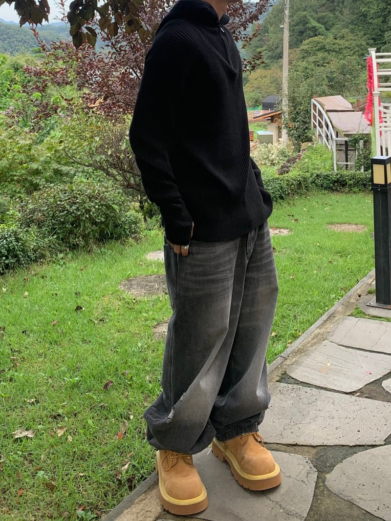 Rib Hood Half Zip-Up Knit