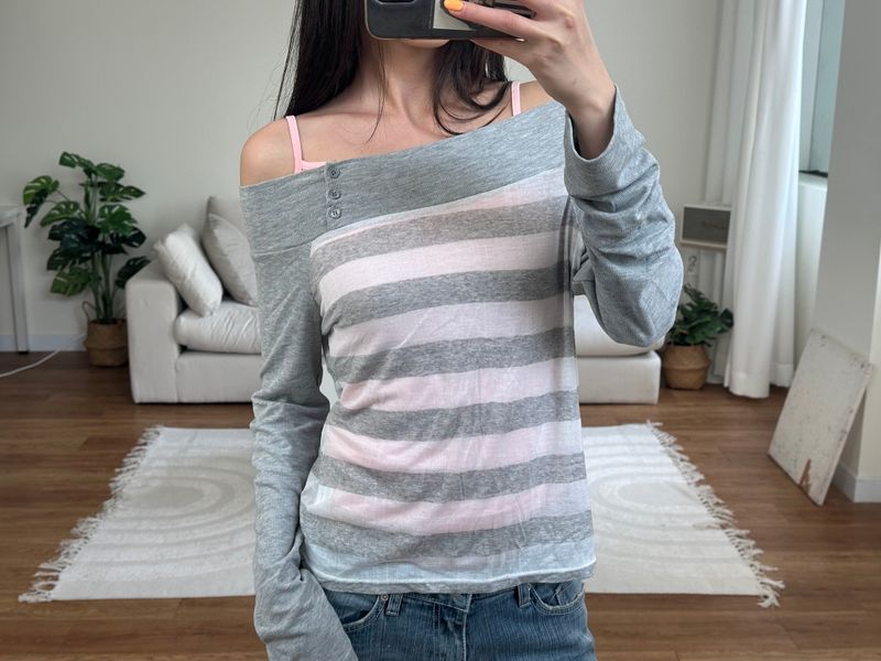 ストライプ オフショルダー Tシャツ