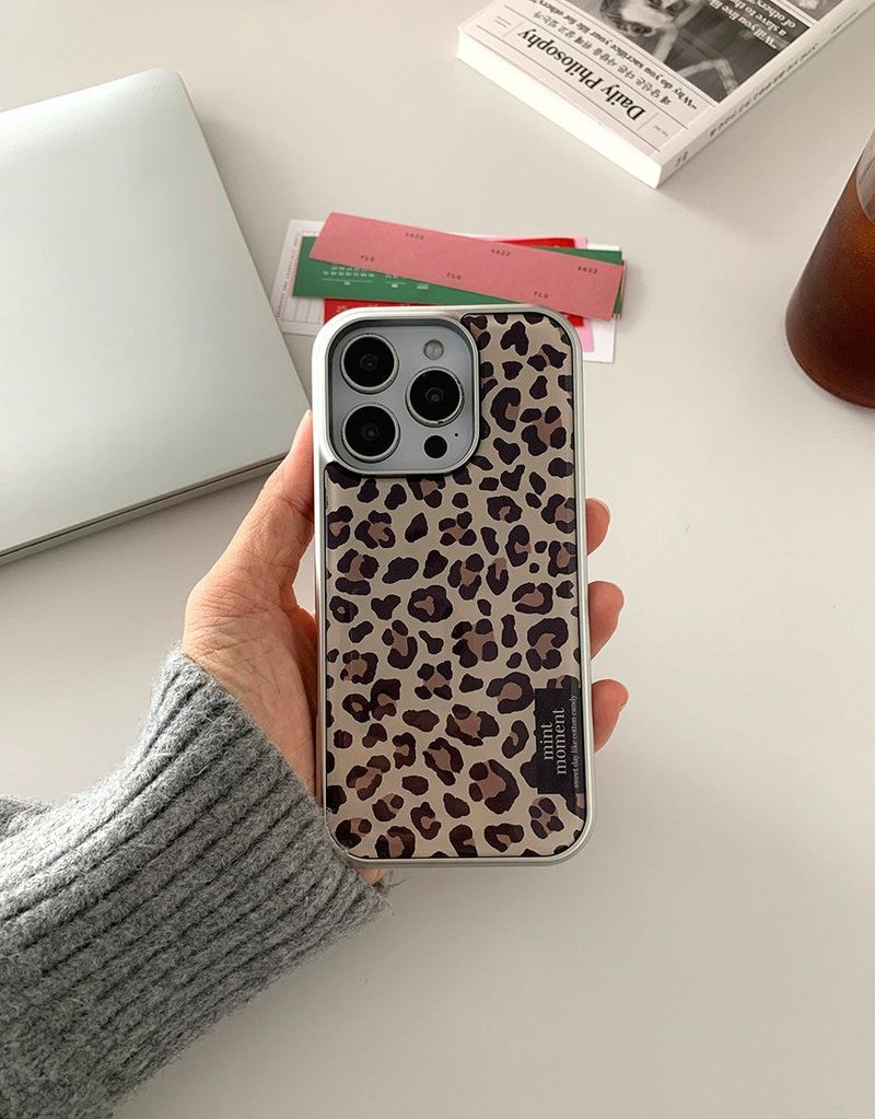 [MADE]ブラウンレオパード シルバーエポキシバンパー iPhoneケース