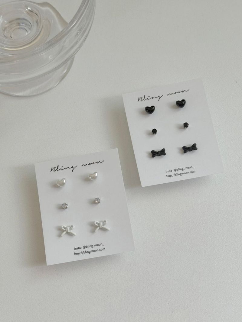 [3 set] Berry Mood Ribbon Heart Earrings Set