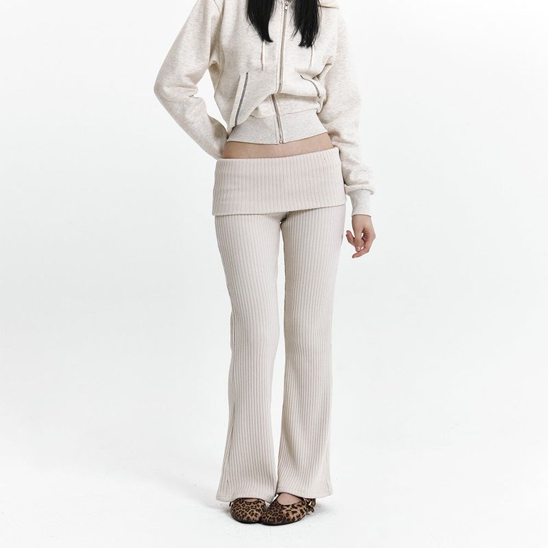 C FOLD BANDING RIBBED FLARE PANTS_OATMEAL