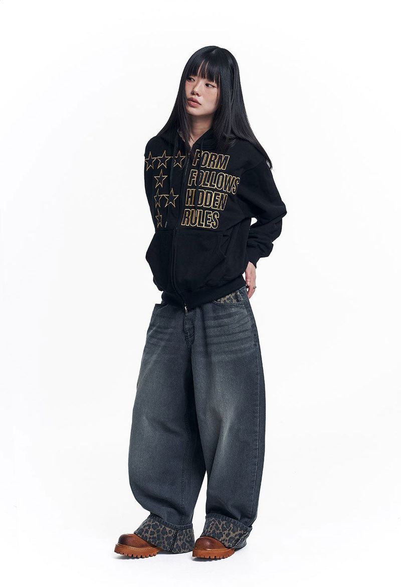 Star Lettering Patch Hoodie Zip-Up - Black