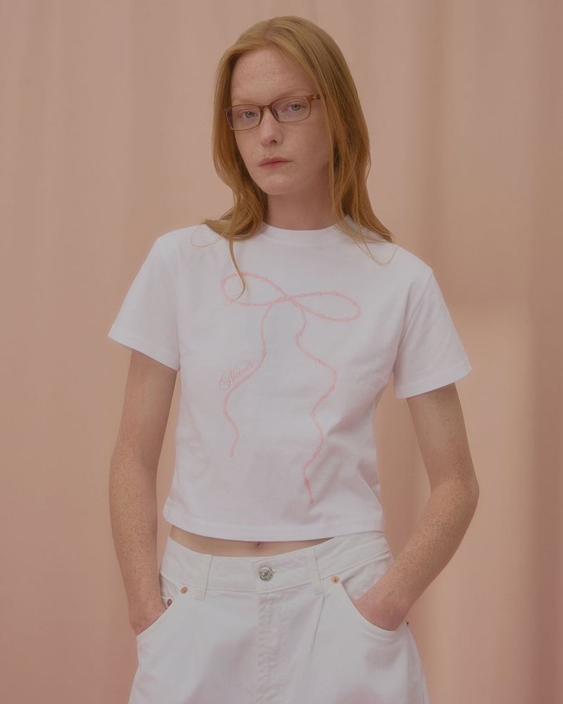 WAVE PEARL RIBBON CROP TSHIRT-WHITE