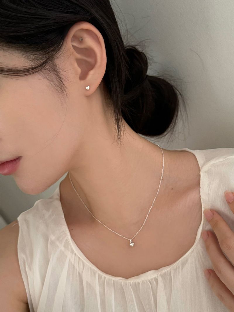 [Silver 925] Mini Heart Earrings Necklace Set / Silver Daily Simple Guest Look Lovely
