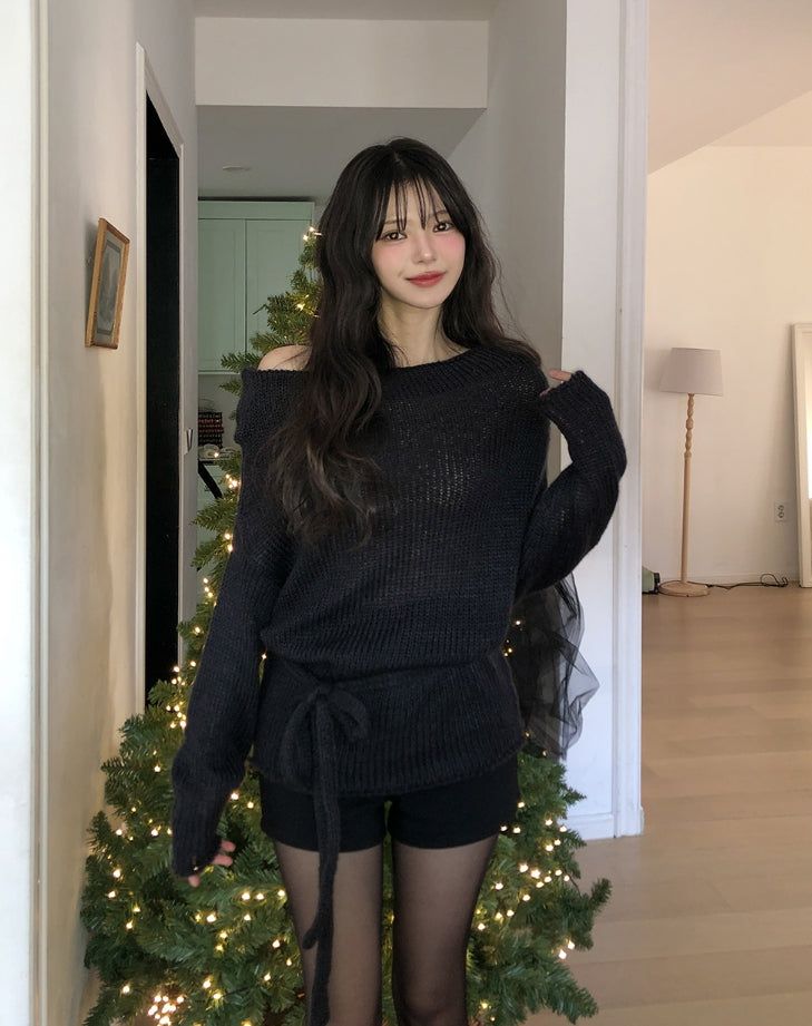 Vine Strap Off-Shoulder Two-Way Knit Scarf Set