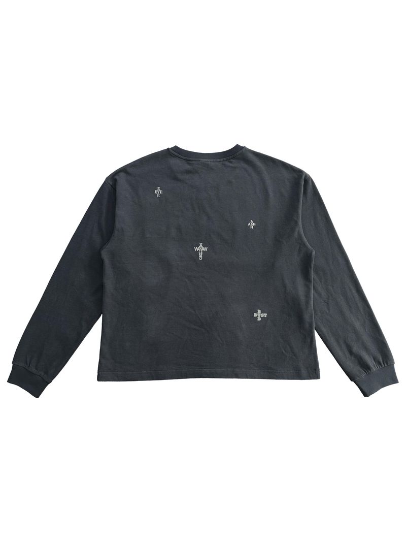 FLOCKED DENIM PATCHWORK EMBROIDERY TEXT PRINT WASHED AND DISTRESSED LONG SLEEVE T-SHIRT
