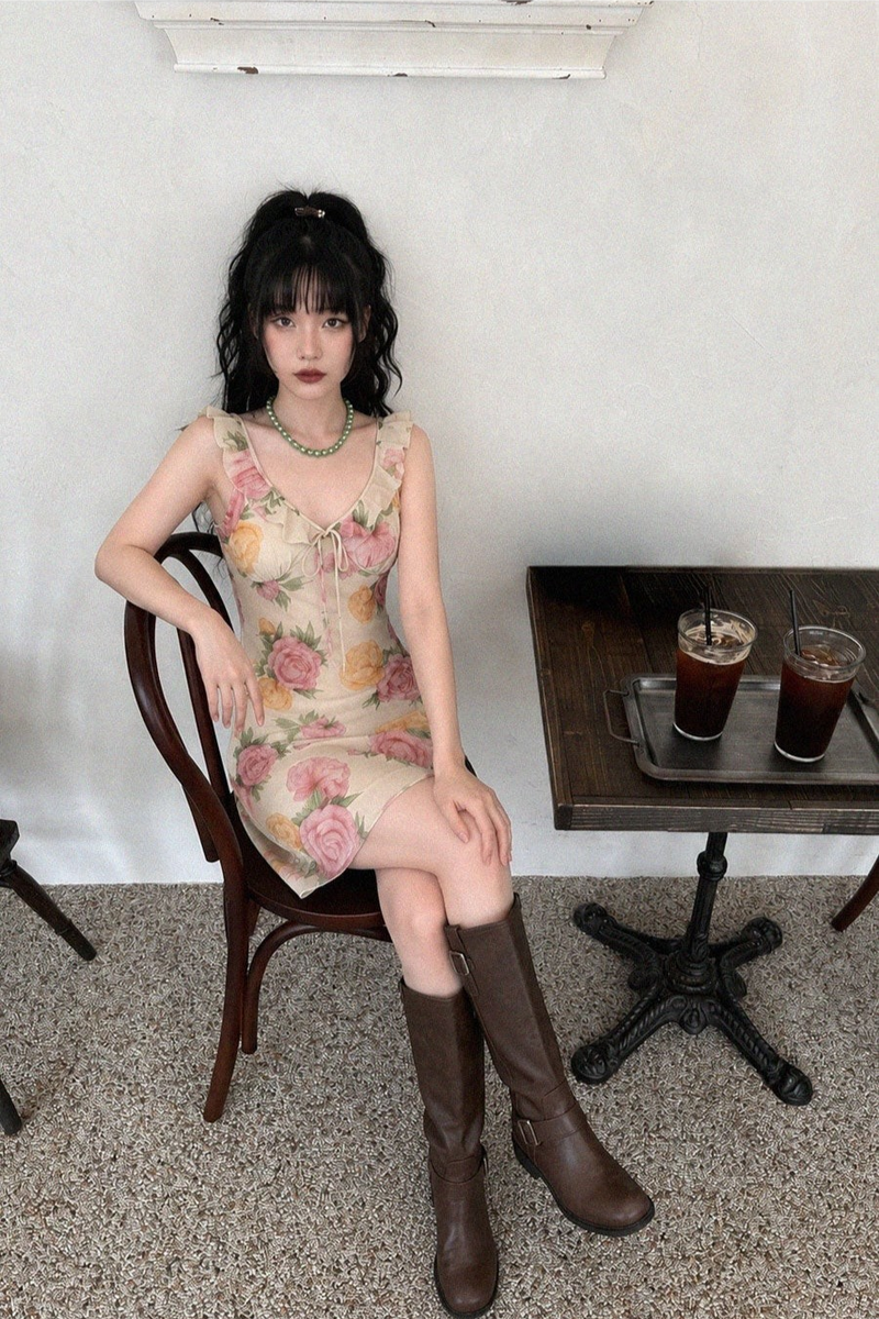 VINTAGE ROSE RUFFLE-STRAP MINI DRESS