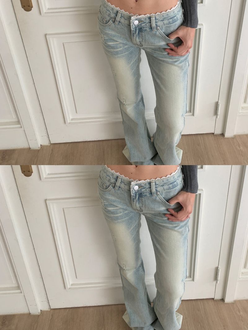 Touch Lace Trim Light Blue Bootcut Denim Pants