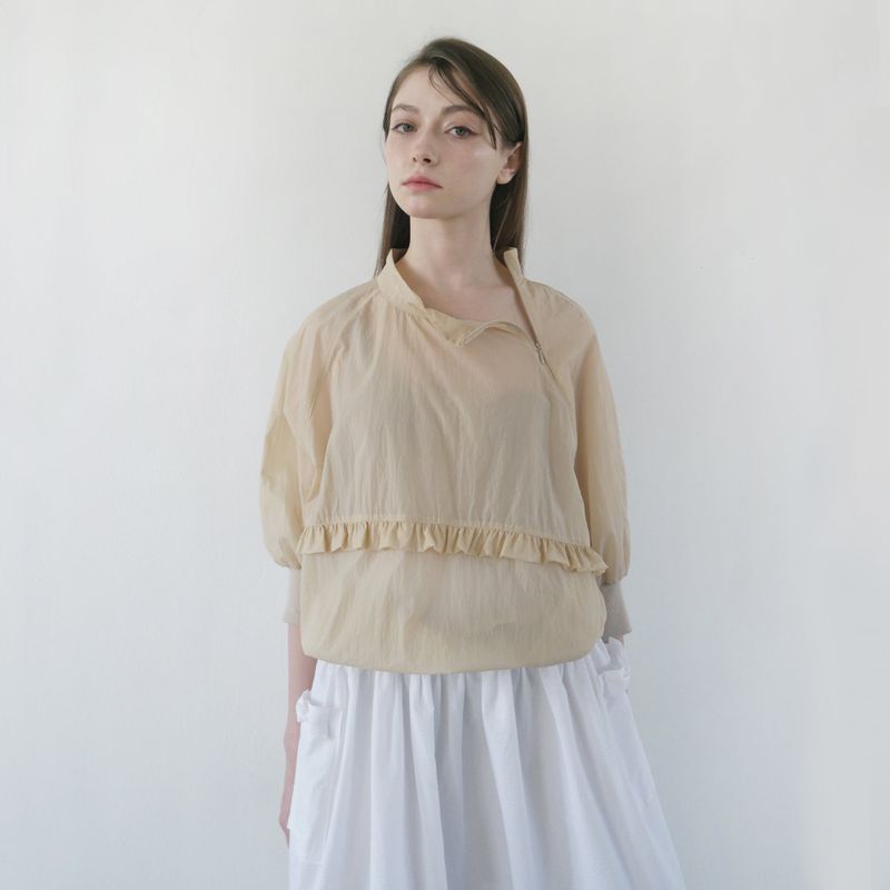 Beige Nylon Ruffle Blouse
