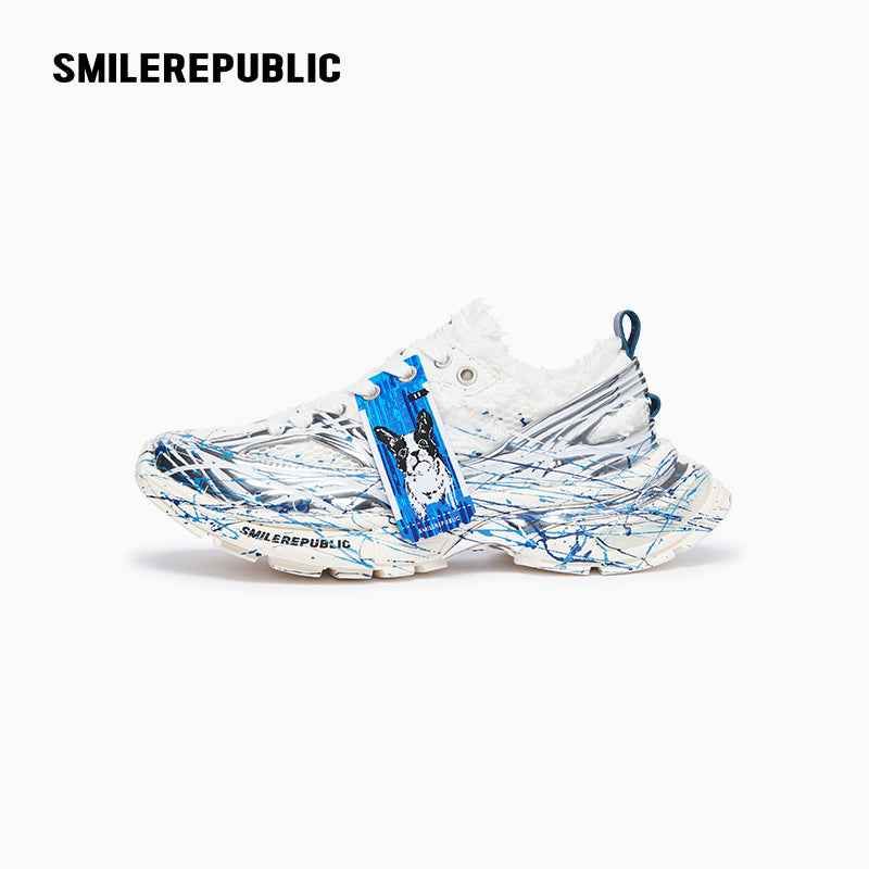 SMILEREPUBLIC(スマイルリパブリック)の「White and Silver Mesh Paint Splatter Chunky Sneakers, Unisex Low Top Lace Up Shoes(Shoes)」