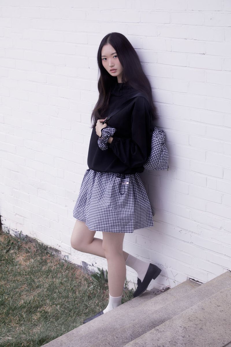Gingham check string mini backpack (BLACK)