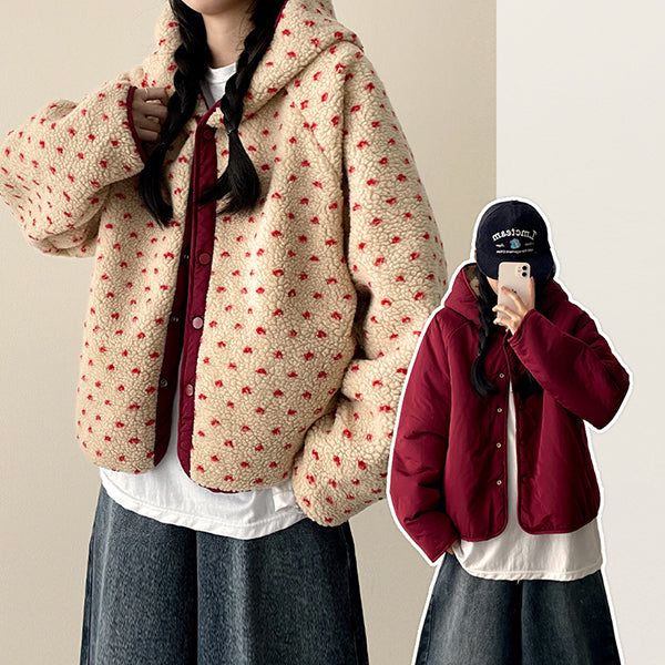 [Double-sided/Reversible*] PN Heart Pattern Fleece Hooded Jumper