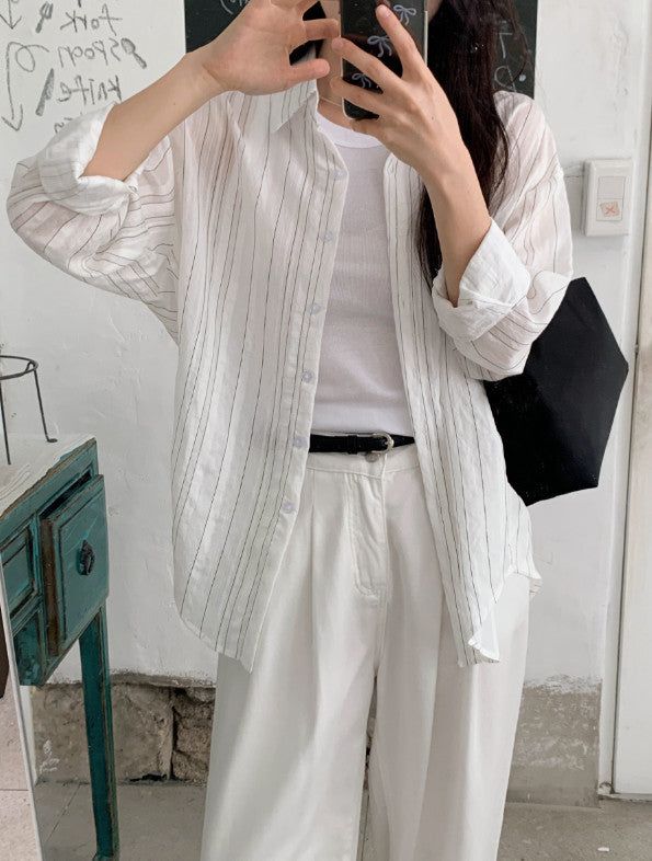SHOPPERLAND（ショッパーランド）の「#SL Summer Stripe Loose Sunscreen Shirt (2color)（Tops）」
