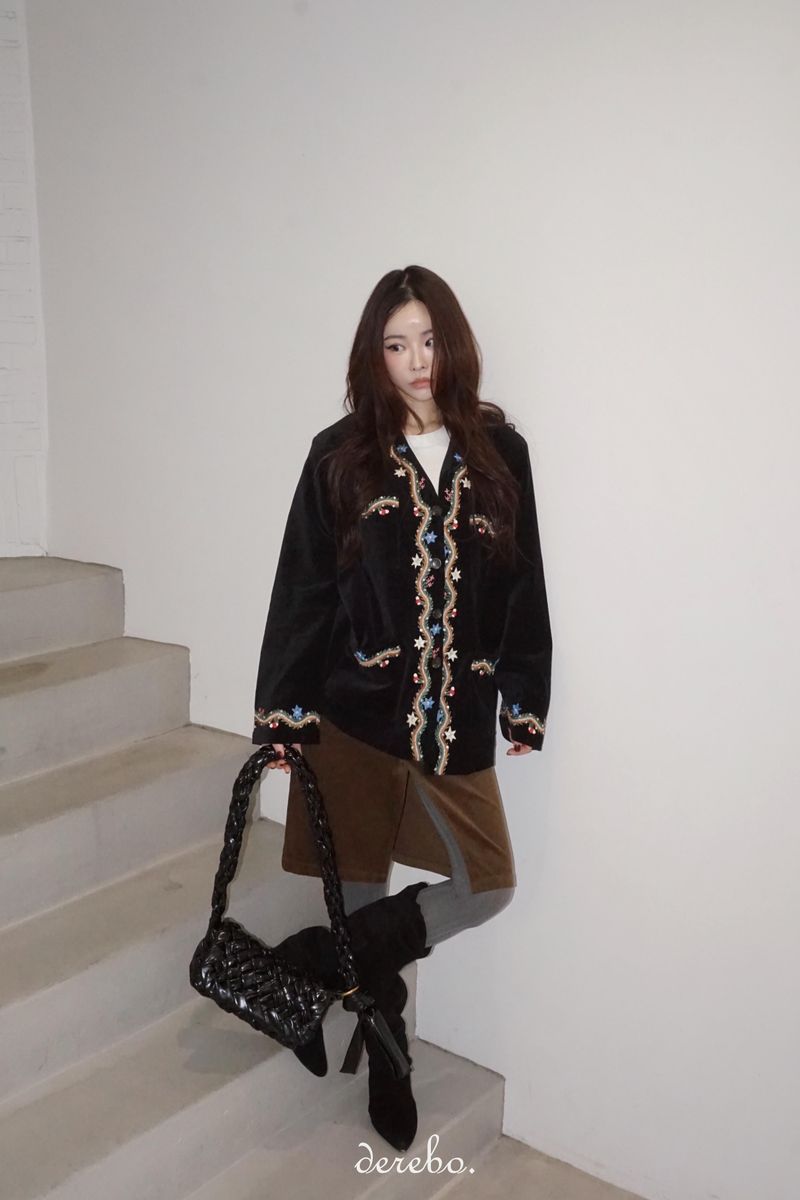 French velvet embroidered no collar jacket