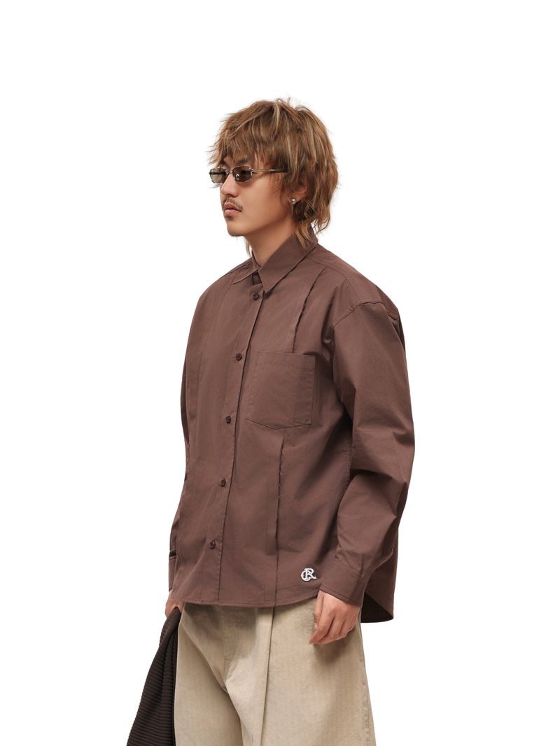 6CRAYON Patchwork Basic Brown Cotton Poplin Embroidered Shirt
