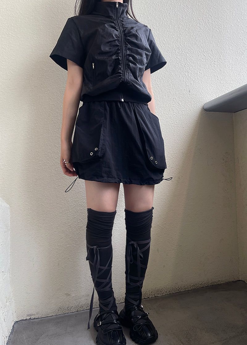 Wind high neck shirring short-sleeved jumper