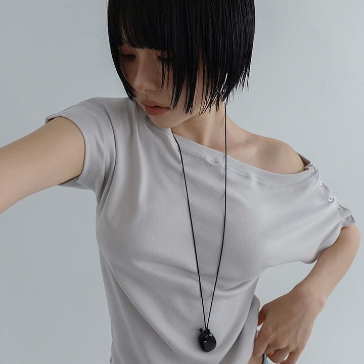 [Radiff] snap button one shoulder short-sleeved T-shirt - 4 color
