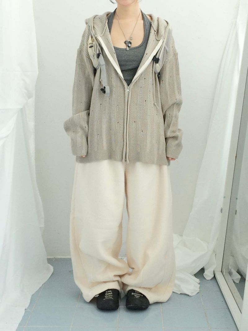 Punch Damage Hooded Knitwear Zip-Up