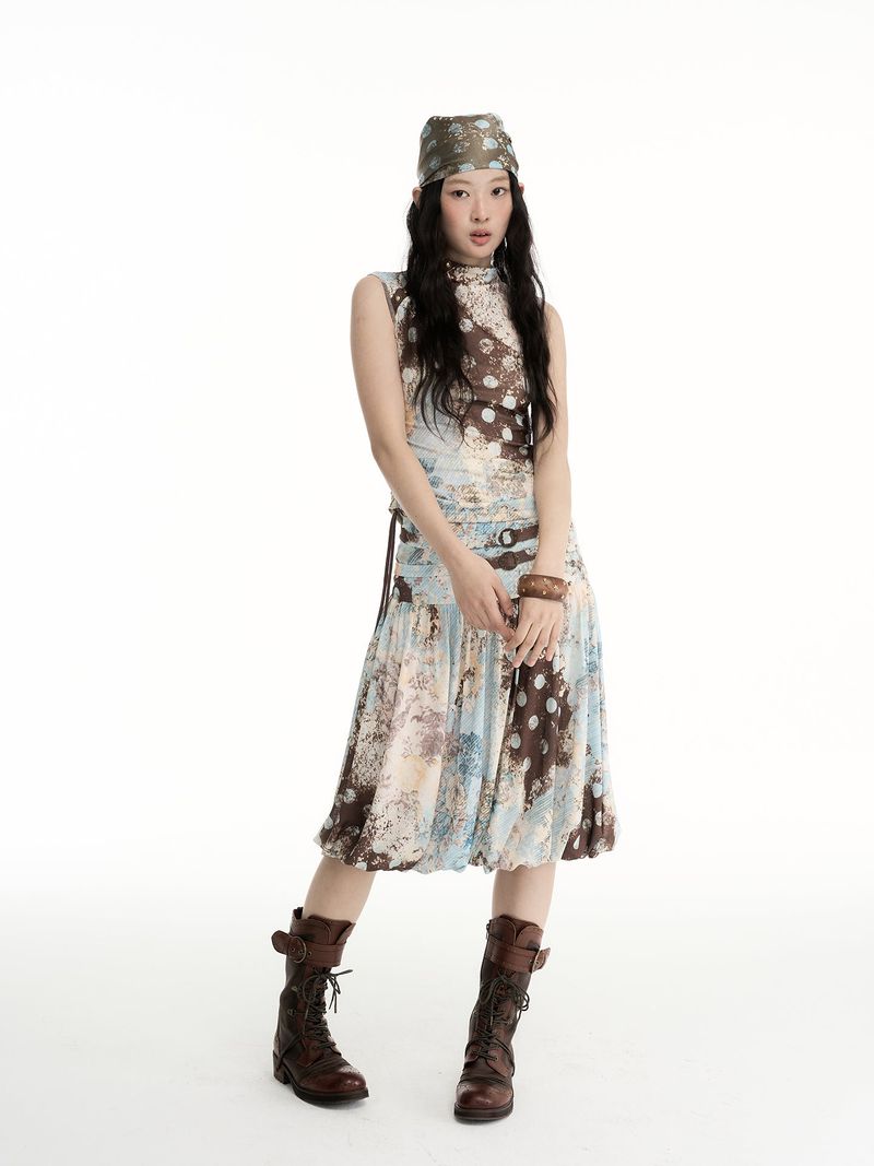 CONFUN original printed pattern half-necklace metal-hook drawstring sleeveless top