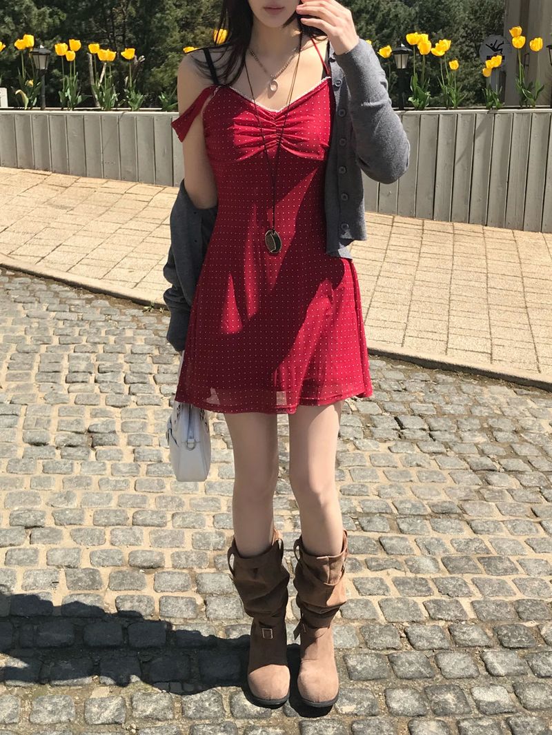 Cherry Kiss Dot Shirring Halter Mini Dress
