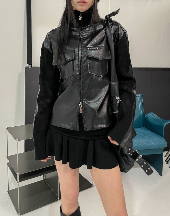 [LANARCH] Amber Leather Pocket Neck Zip-Up