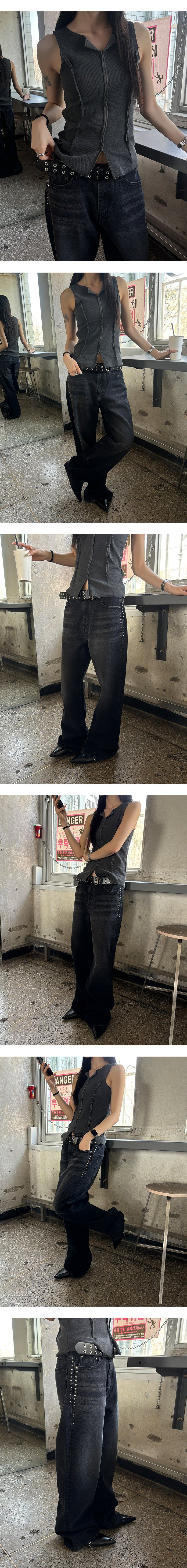 [Unisex] stud semi wide denim pants(2color)