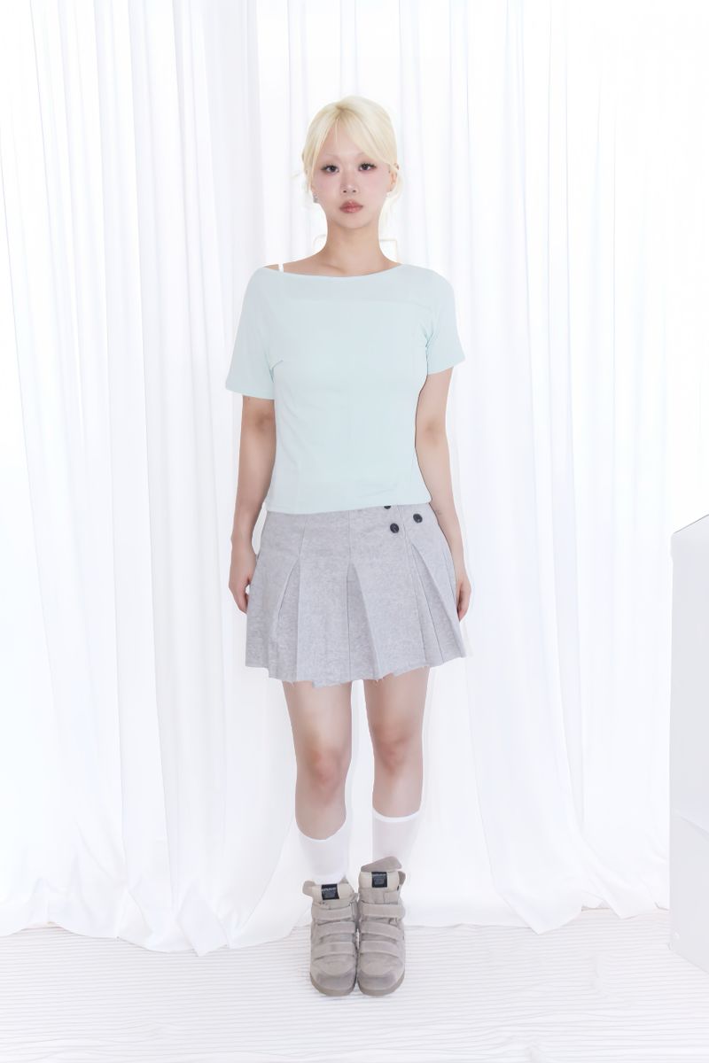 BUTTON POINT PLEATED MINI SKIRT (2COLOR)