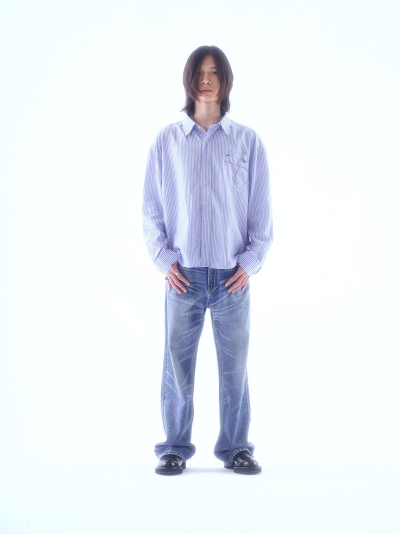 SIGNATURE BACK PATCH HAND-STITCHED CROSS PATCH POCKET STRIPED SHIRT