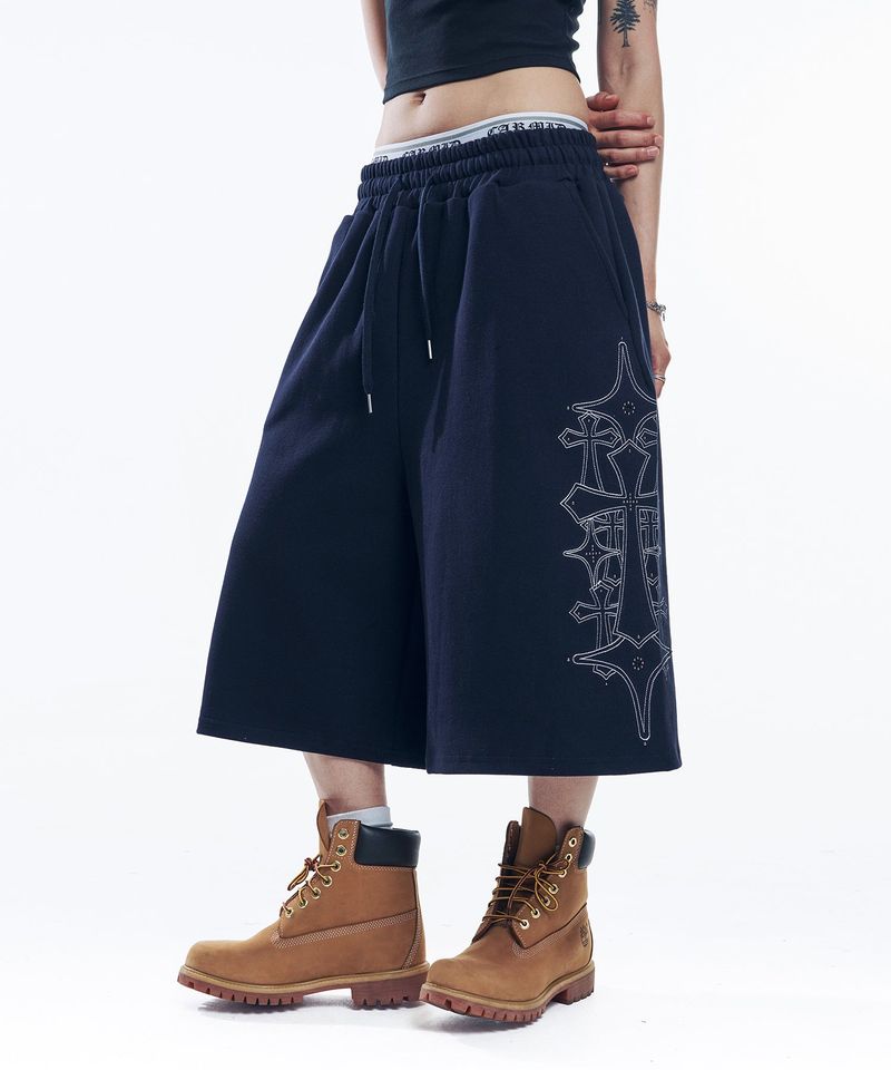 Stud Needle Walk Bermuda Sweat Pants - Navy