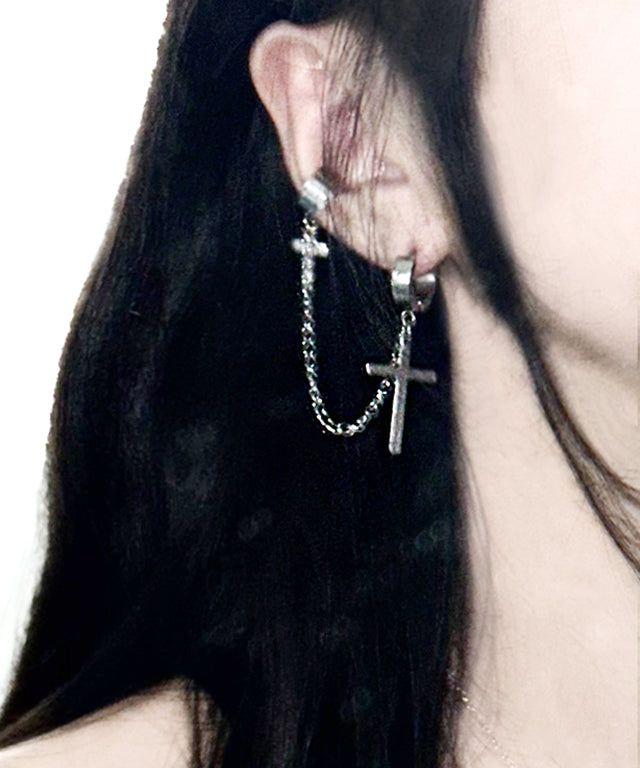 Two Cross chain One-Touch Earrings & Ear Cuff 1PC