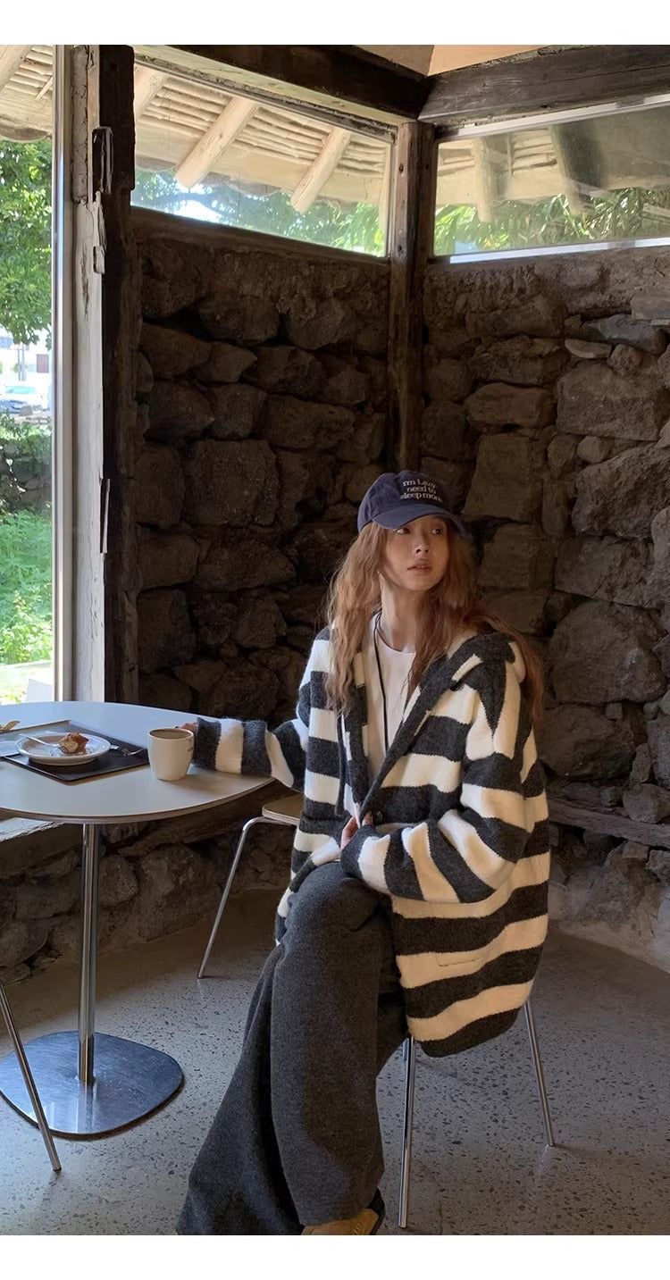 wool knit striped hooded over cardigan