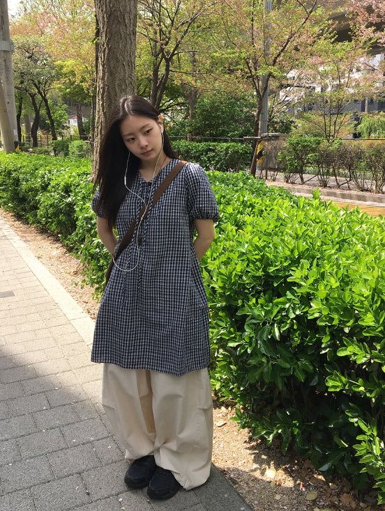 Zimo Check Button Puff Short Sleeve One Piece