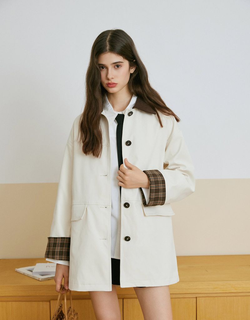 Preppy Checkered Sleeve Midi Trench Coat Ivory