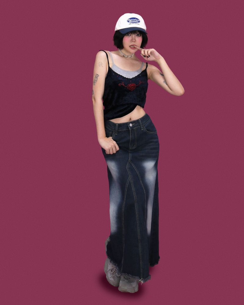 popping denim long skirt