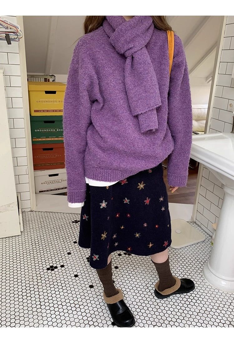floral embroidered flare wool midi skirt