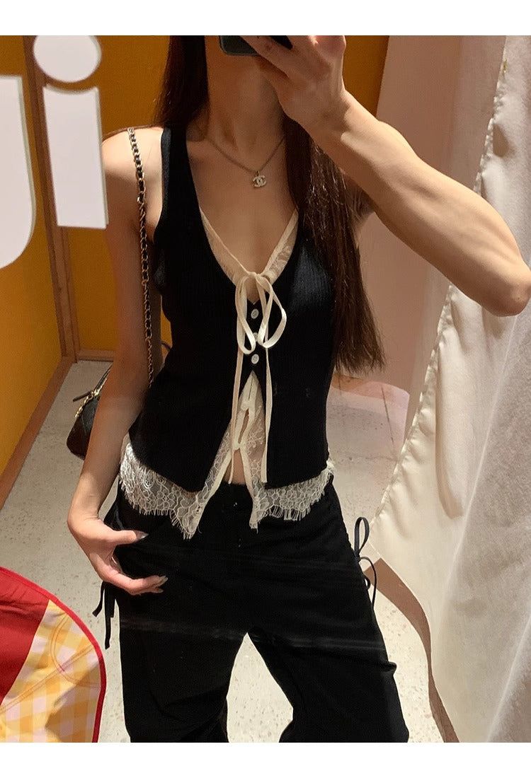Black Lace Layered Vest Sleeveless Top