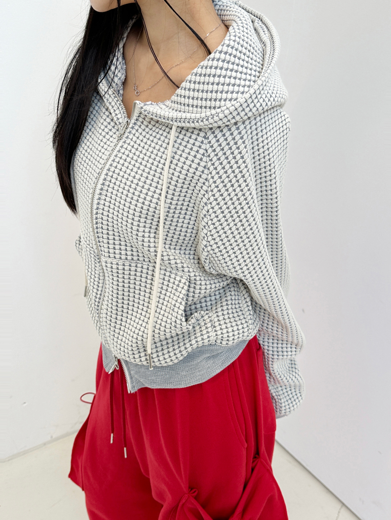 WAFFLE PATTERN HOOD ZIP-UP / 2-WAY🧇 - 2 COLORS